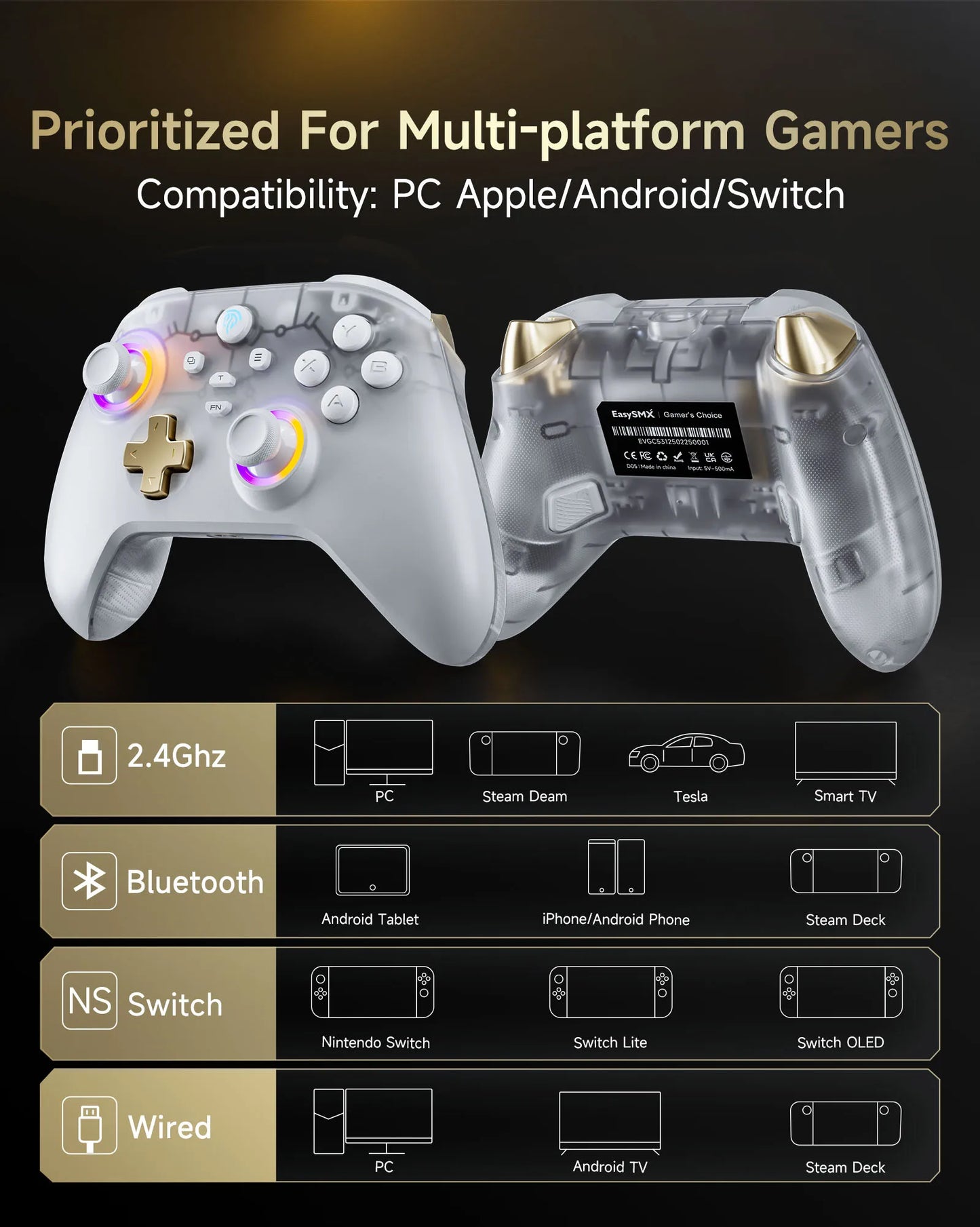 EasySMX D05 Wireless Gamepad – RGB Hall Effect Controller with Charging Dock | Switch, PC & Android Compatible